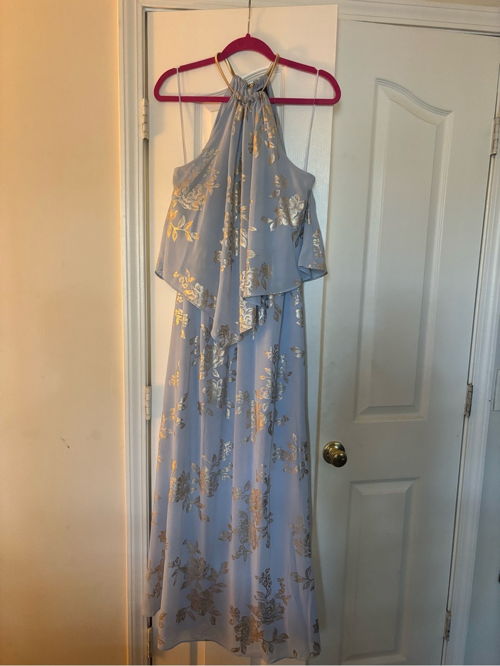 MSK Light Blue Halter Maxi Dress with Gold Floral Accents